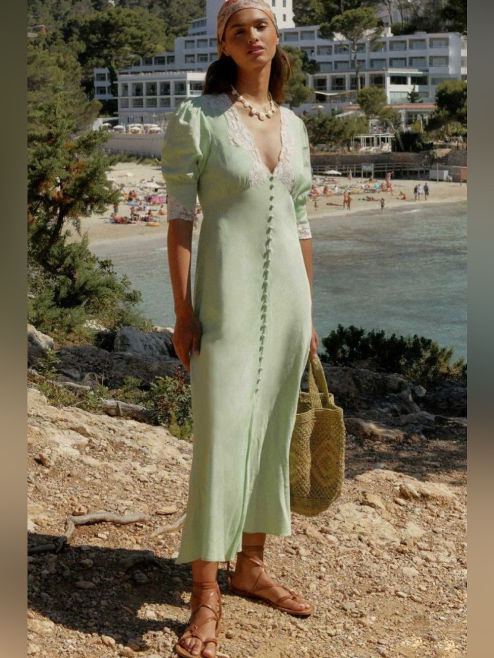 RIXO | Simone Starfish Jacquard Sea Foam Green Lace Midi Dress Size: 4